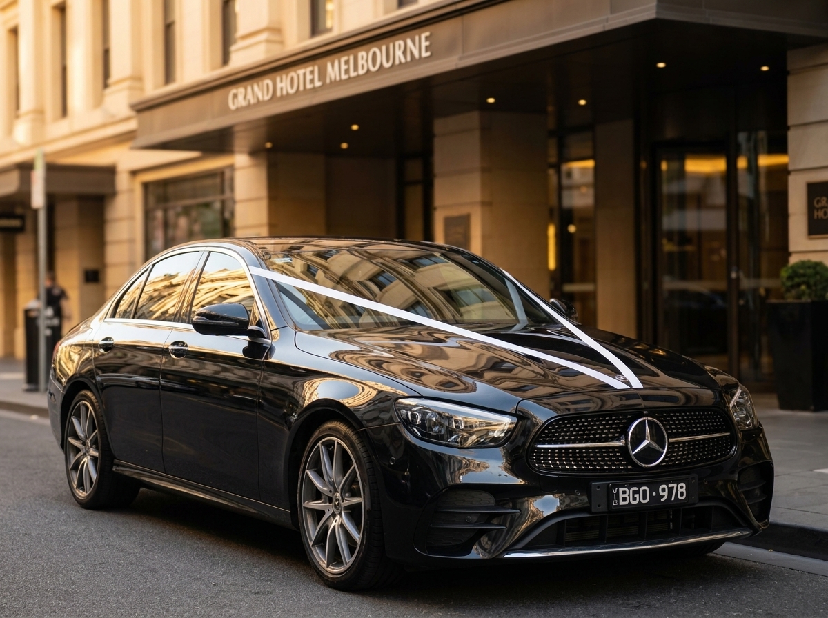 BBlack Mercedes E-Class wedding car outside Grand Hotel Melbourne
